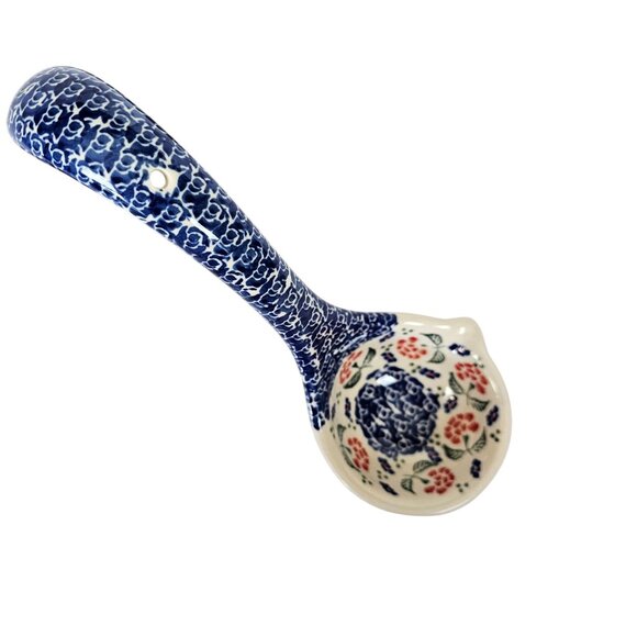 Polish Pottery Hand-Painted Floral Ceramic Ladle Blue Red 12" Long Vtg Soup - Picture 3 of 10